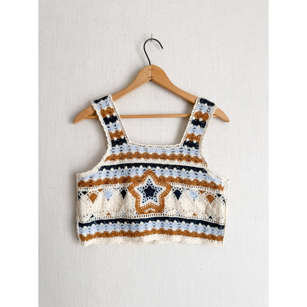 POL Crochet Crop Top Star Boho Festival Knit Tank‎ Cream Blue Tan Square Neck - Picture 4 of 4